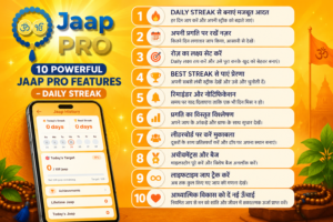 Jaap Pro App 10 Powerful Features Daily Streak Hindi infographic with mobile app screen and spiritual design