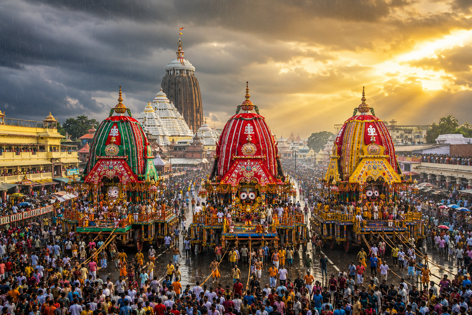 Jagannath Rath Yatra in Puri with Lord Jagannath, Balabhadra and Subhadra on magnificent wooden chariots surrounded by thousands of devotees