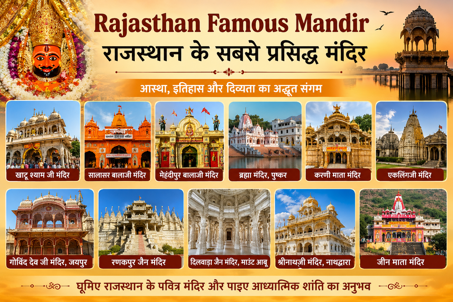 Rajasthan Famous Mandir, Khatu Shyam, Salasar Balaji, Mehandipur Balaji, Pushkar Temple, Karni Mata, Eklingji, Shreenathji, Govind Dev Ji, Rajasthan Temples, Temple Guide, Religious Tourism, Sanatan Dharma, Hindu Temple, Jaap Pro