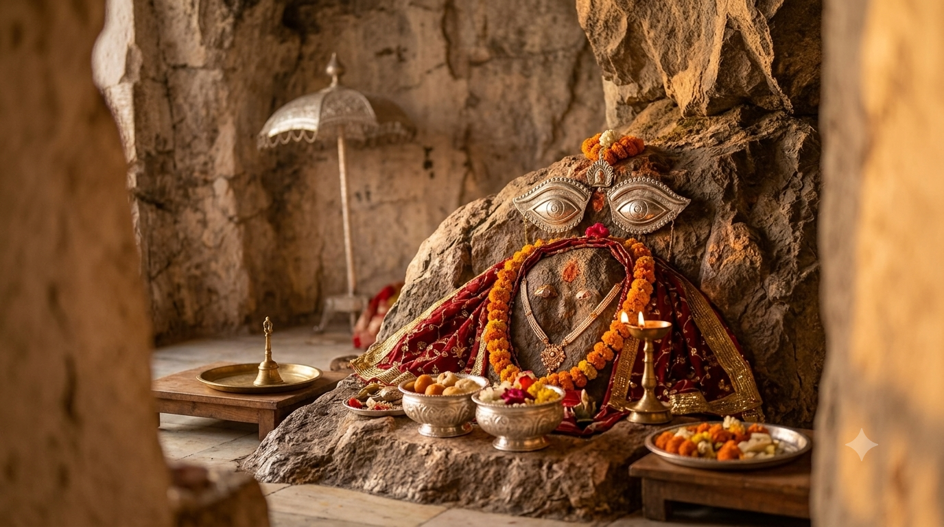 Mata Naina Devi Temple View माता नैना देवी शक्तिपीठ के मुख्य गर्भगृह में पवित्र पिंडी (नेत्र रूप) के दर्शन
