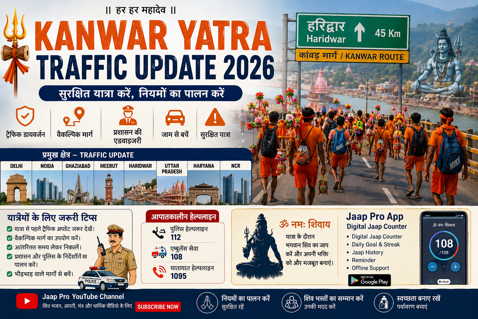 Kanwar Yatra Traffic Update 2026 - Delhi, UP, Haryana, NCR Traffic Diversion, Bol Bam Yatra और Jaap Pro App